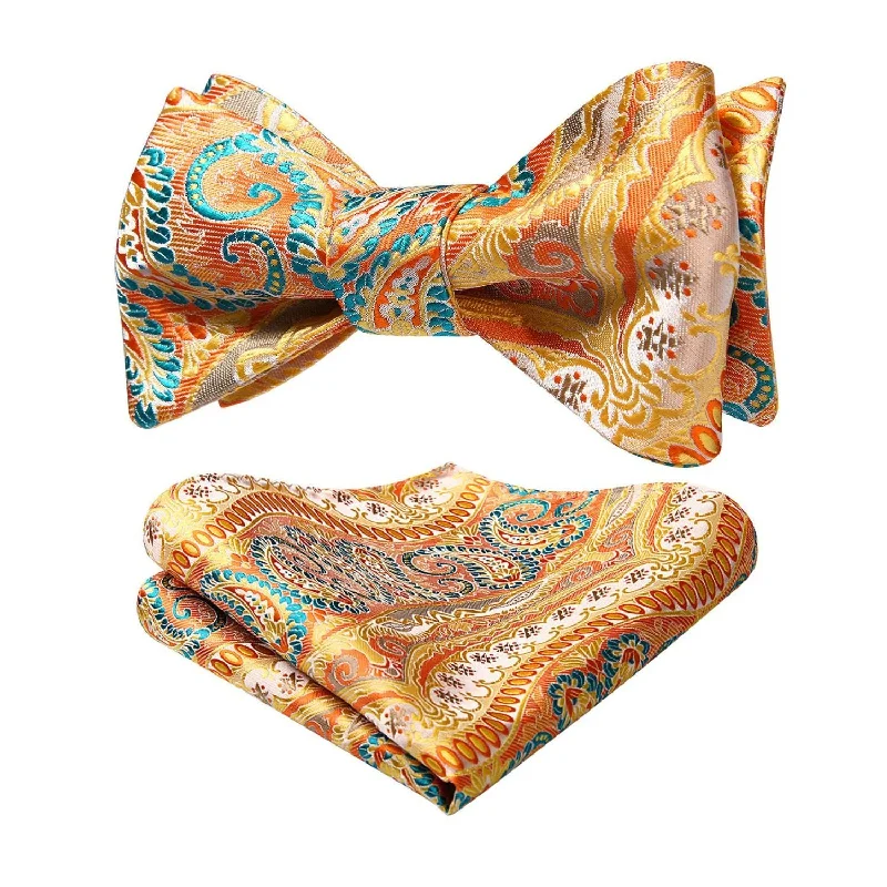 Men's tie with luxurious patterns for special events-Paisley Bow Tie & Pocket Square - ORANGE-2