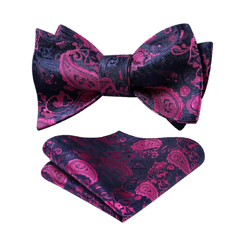 Men's tie for stylish office attire-Paisley Bow Tie & Pocket Square - PLUM/NAVY BLUE