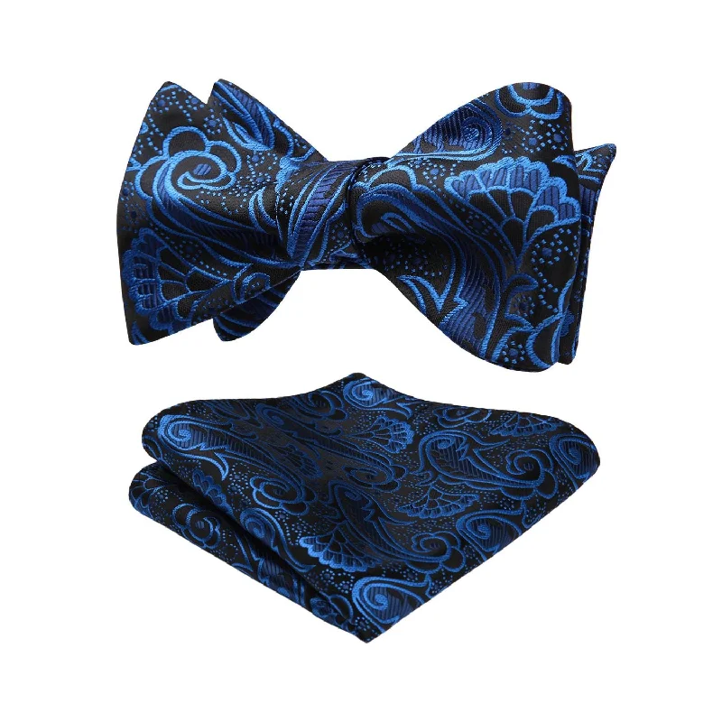 Men's tie with colorful checks for casual wear-Paisley Floral Bow Tie & Pocket Square - 01-BLUE / BLACK