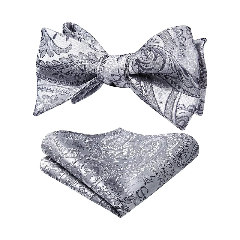 Classic men's tie with solid color palette-Paisley Floral Bow Tie & Pocket Square - 02-GREY / SILVER