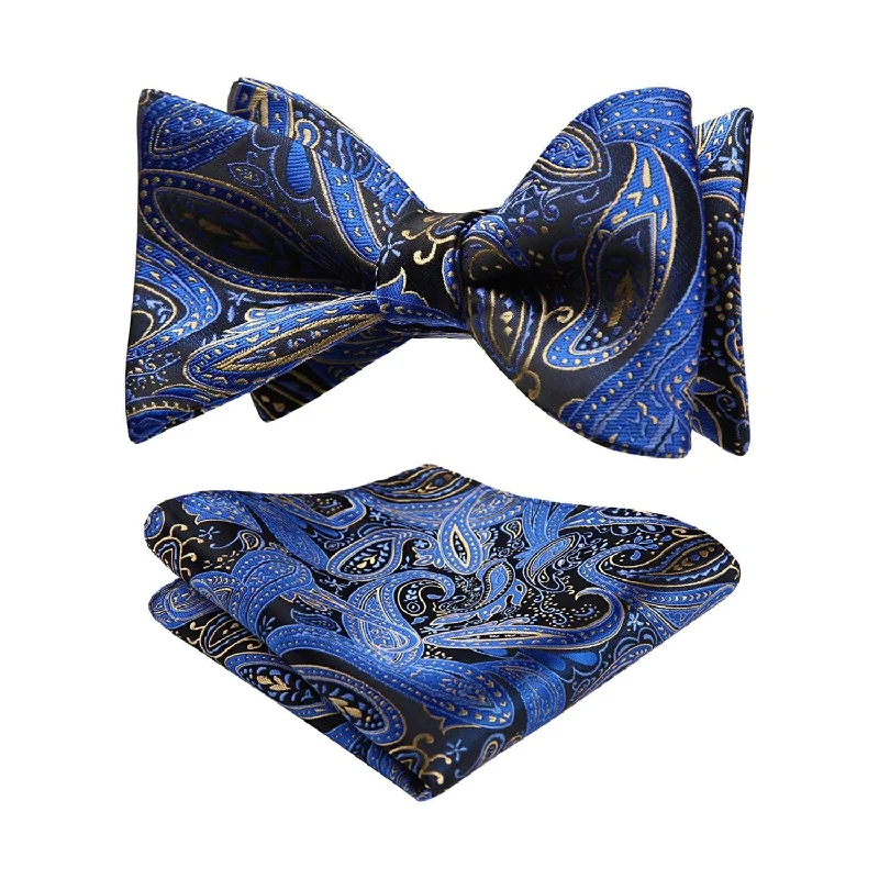 Men's tie for a sophisticated brunch event-Paisley Floral Bow Tie & Pocket Square - A-B BLUE PAISLEY