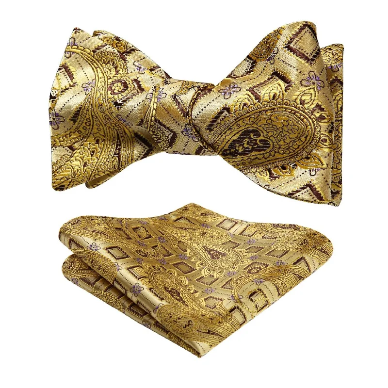 Men's tie with luxurious feel for weddings-Paisley Floral Bow Tie & Pocket Square - A-B GOLD