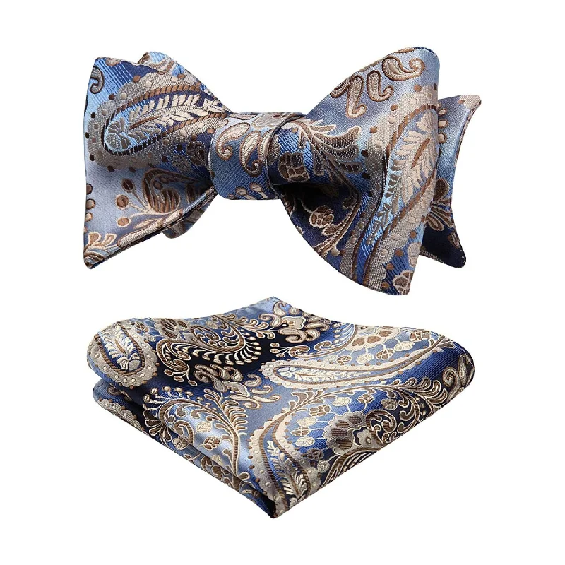 Modern men's tie with geometric patterns-Paisley Floral Bow Tie & Pocket Square - BLUE-1