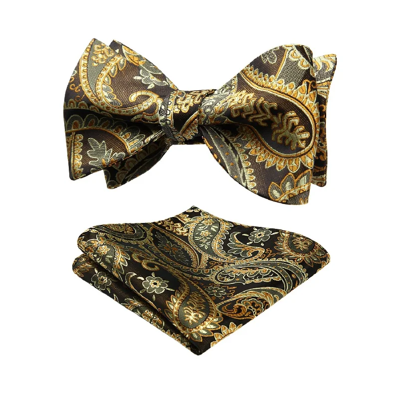 Men's silk tie with bold stripes-Paisley Formal Bow Tie & Pocket Square - 05-GOLD