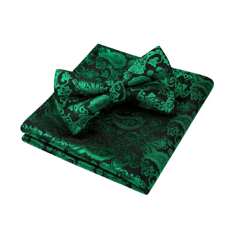 Men's tie with luxurious feel for weddings-Paisley Pre-Tied Bow Tie - GREEN-12