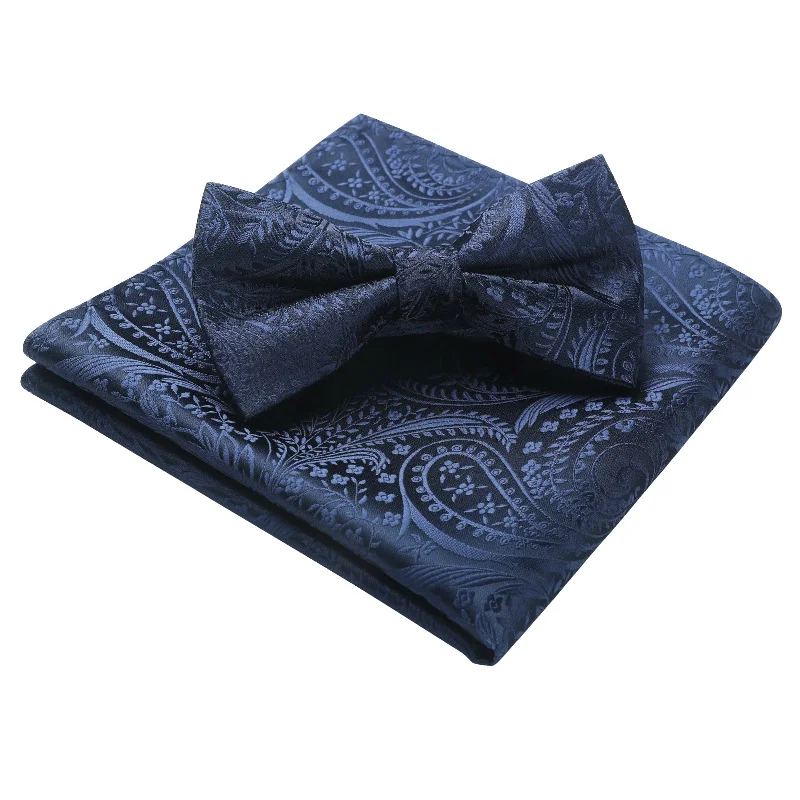 Best men's tie with a pop of color for casual wear-Paisley Pre-Tied Bow Tie & Pocket Square - 19 NAVY BLUE