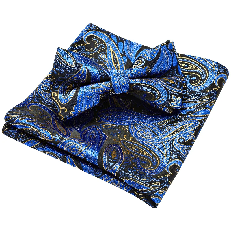 Men's tie for upscale corporate events-Paisley Pre-Tied Bow Tie & Pocket Square - A-BLUE 3