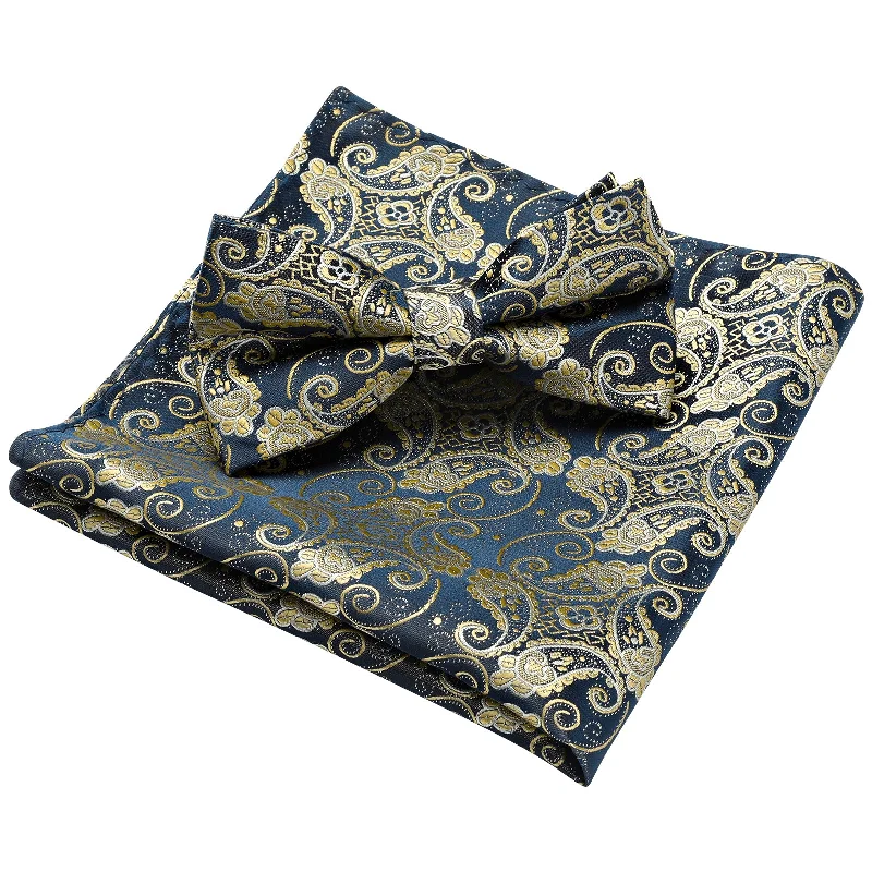 Best men's tie for summer events-Paisley Pre-Tied Bow Tie & Pocket Square - A-BLUE 9