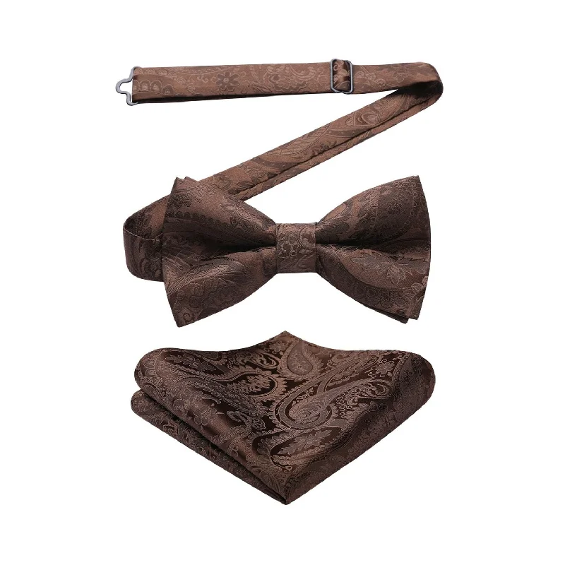 Men's tie with modern prints for a unique look-Paisley Pre-Tied Bow Tie & Pocket Square - C-BROWN 4