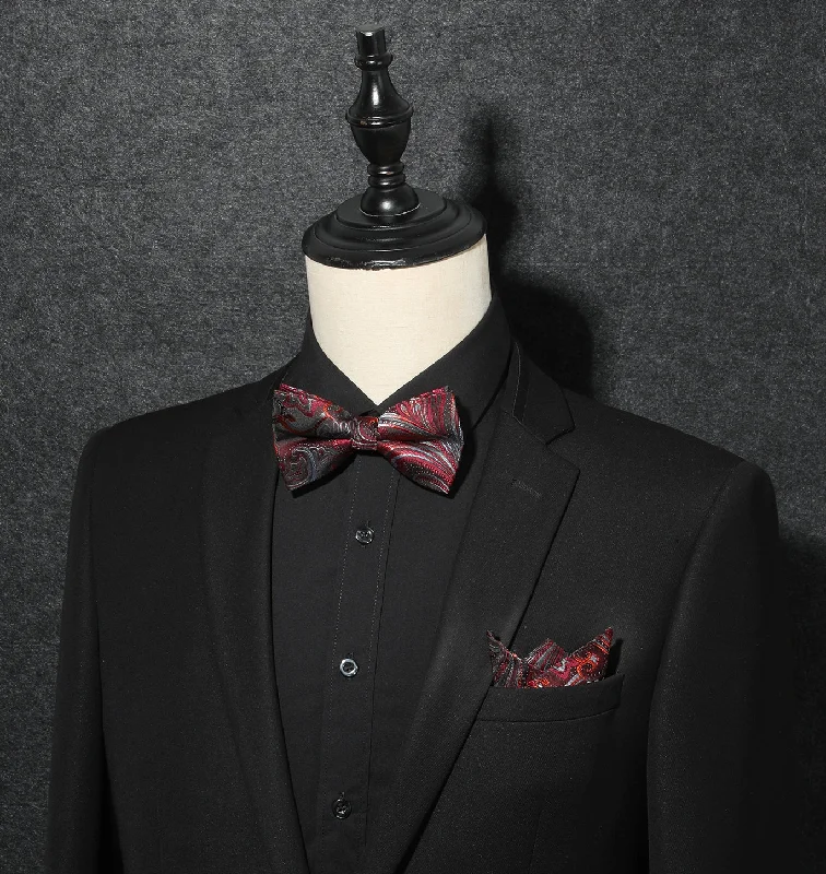 Men's tie with luxurious feel for weddings-Paisley Pre-Tied Bow Tie & Pocket Square - C-RED 3