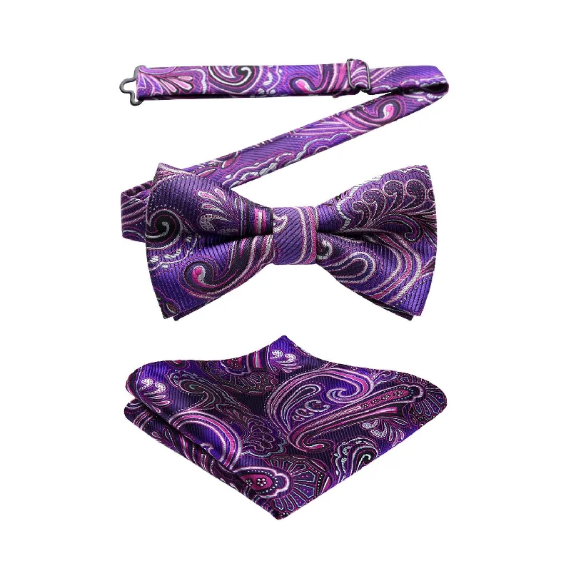 Men's tie with subtle textures for everyday office wear-Paisley Pre-Tied Bow Tie & Pocket Square - D-PURPLE 2