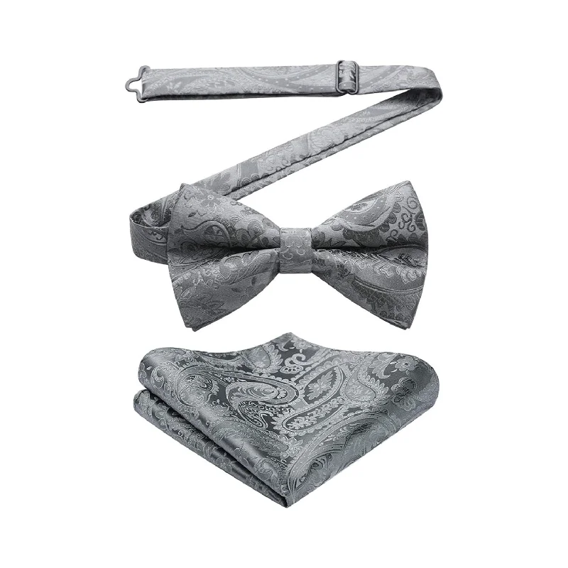 Men's tie with high-quality silk fabric-Paisley Pre-Tied Bow Tie & Pocket Square - GRAY-1