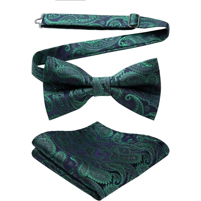 Men's tie with a polished finish for formal events-Paisley Pre-Tied Bow Tie & Pocket Square - GREEN/NAVY/PAISLEY