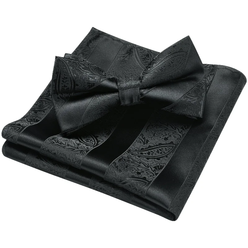 Designer men's tie with contemporary print-Paisley Pre-Tied Bow Tie & Pocket Square - H-BLACK1