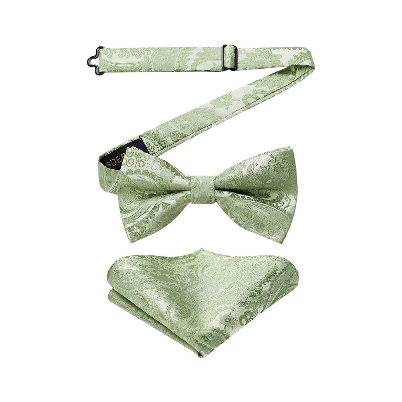 Men's tie for upscale charity events-Paisley Pre-Tied Bow Tie & Pocket Square - SAGE GREEN-11