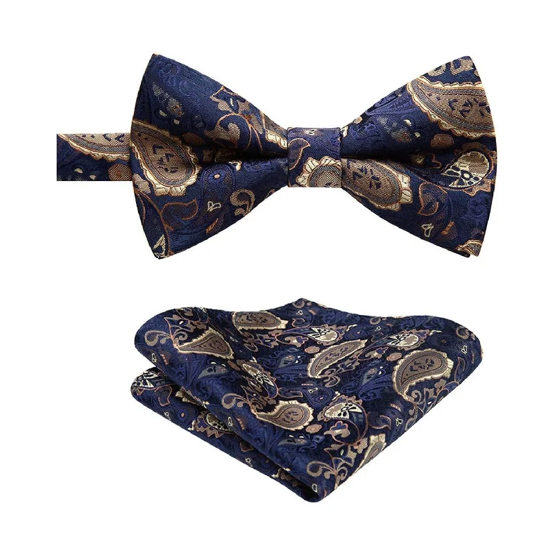 Men's tie with sleek satin texture-Paisley Pre-Tied Bow Tie & Pocket Square - Y-BLUE