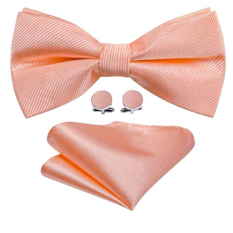 Men's silk tie for upscale dinners-Pale Orange Solid Pre-tied Bow Tie Hanky Cufflinks Set