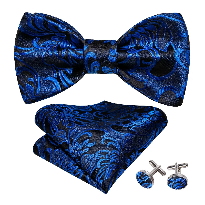 Classic men's tie for professional look-Peacock Blue Paisley Bow Tie Hanky Cufflinks Set