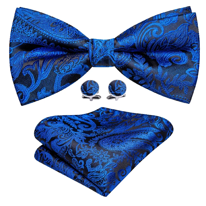 Men's tie for black tie gala-Peacock Blue Paisley Pre-tied Bow Tie Hanky Cufflinks Set