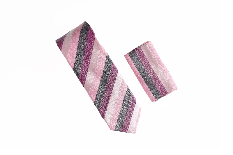 Men's tie with light stripes for a relaxed business look-Pink and Grey Stripe Designed Tie With Matching Pocket Square