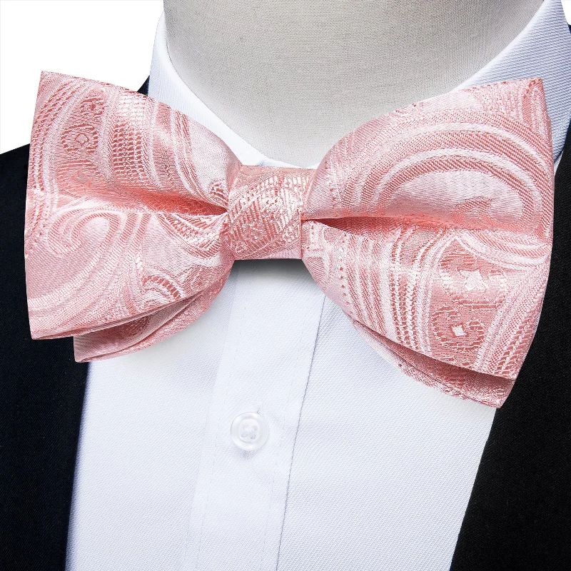 Designer men's tie with sharp stripes-Pink Floral Silk Men's Pre-Bowtie Pocket Square Cufflinks Set