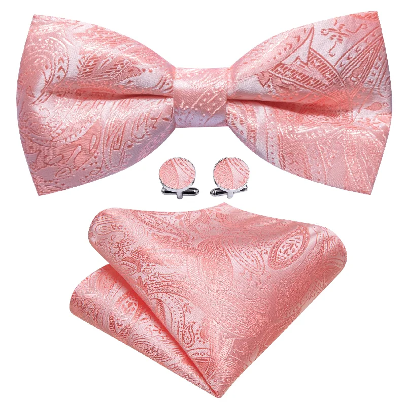 Men's tie for luxury corporate parties-Pink Paisley Pre Tied Bow Tie Hanky Cufflinks Set