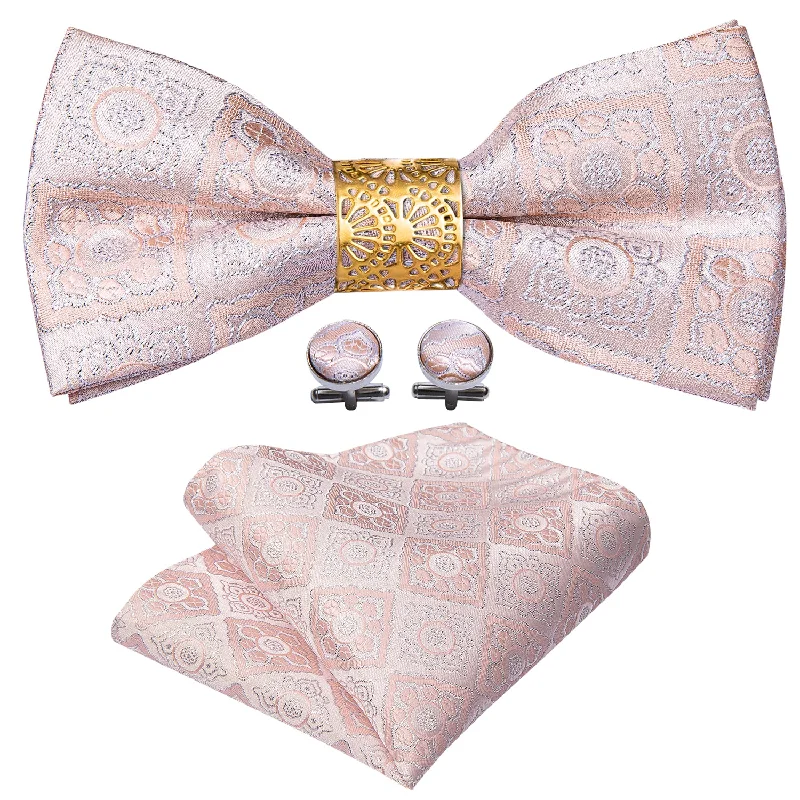 Classic men's tie for a polished, professional appearance-Pink Paisley Pre-tied Bow Tie Ring Hanky Cufflinks Set