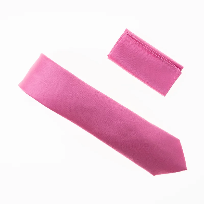 Trendy men's tie with fine stripes-Pink Satin Finish Silk Necktie with Matching Pocket Square