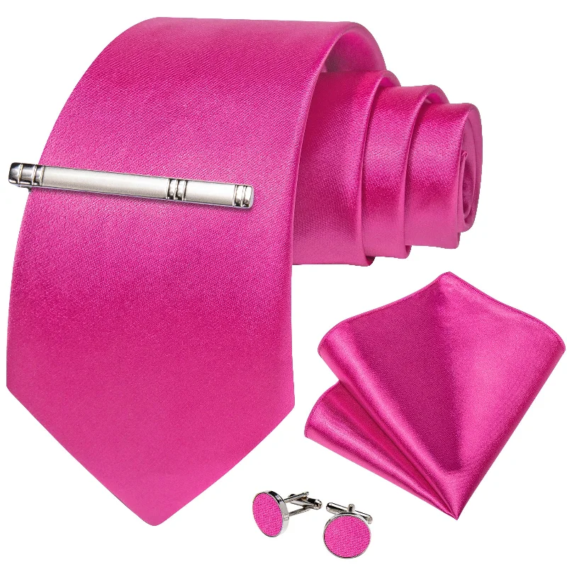 Affordable men's tie with bold colors-Pink Solid Men's Tie Handkerchief Cufflinks Clip Set