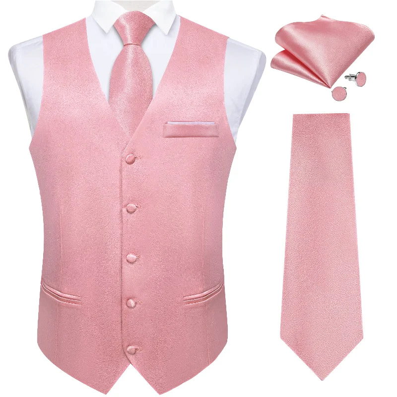 Luxury men's tie with subtle checks-Pink Solid Satin Waistcoat Vest Tie Handkerchief Cufflinks Set