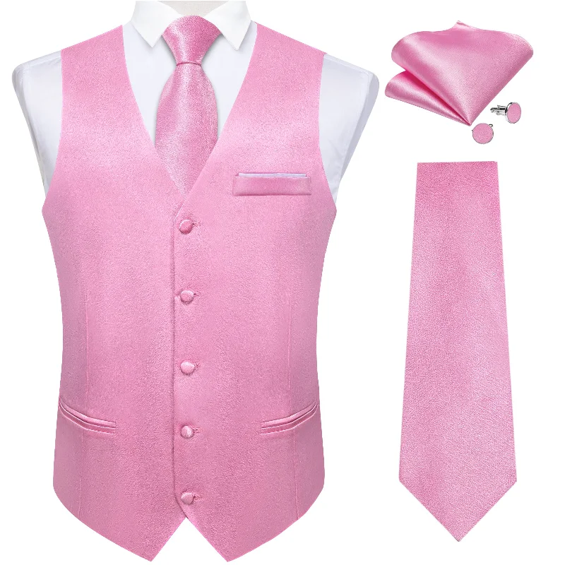 Men's tie with vibrant floral designs for weddings-Pink Solid Satin Waistcoat Vest Tie Handkerchief Cufflinks Set