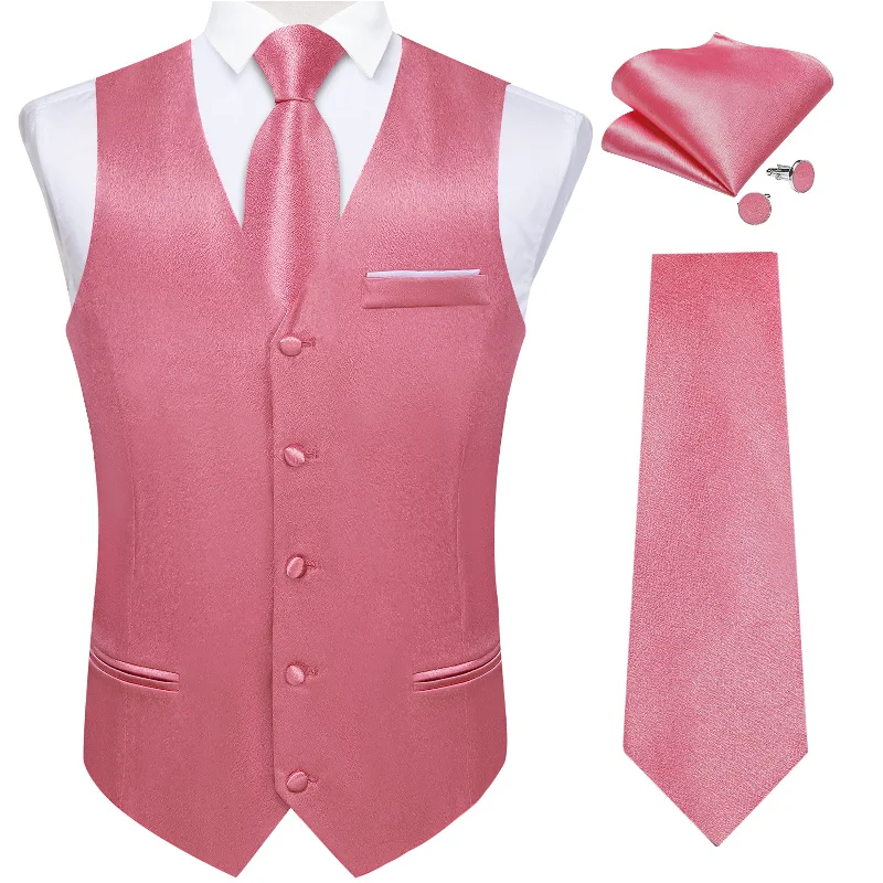 Men's tie with sleek satin texture-Pink Solid Satin Waistcoat Vest Tie Handkerchief Cufflinks Set