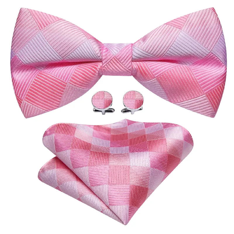 Men's tie with bold polka dots for office wear-Pink White Plaid Silk Pre Tied Bow Tie Hanky Cufflinks Set