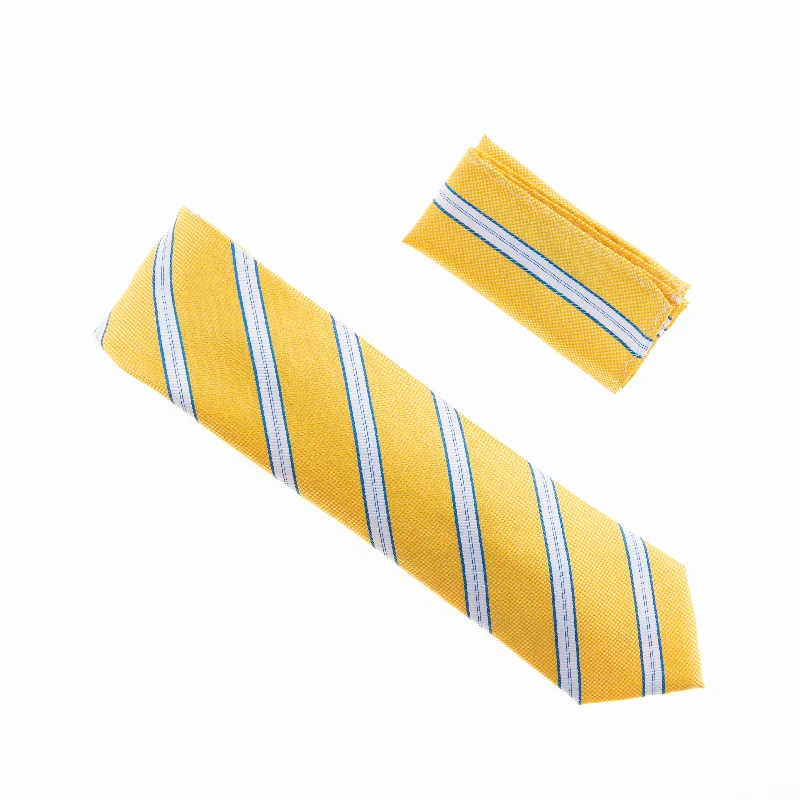 Elegant men's tie for a high-end look-Yellow With Blue, Silver and White Striped Extra Long Necktie With Matching Pocket Square