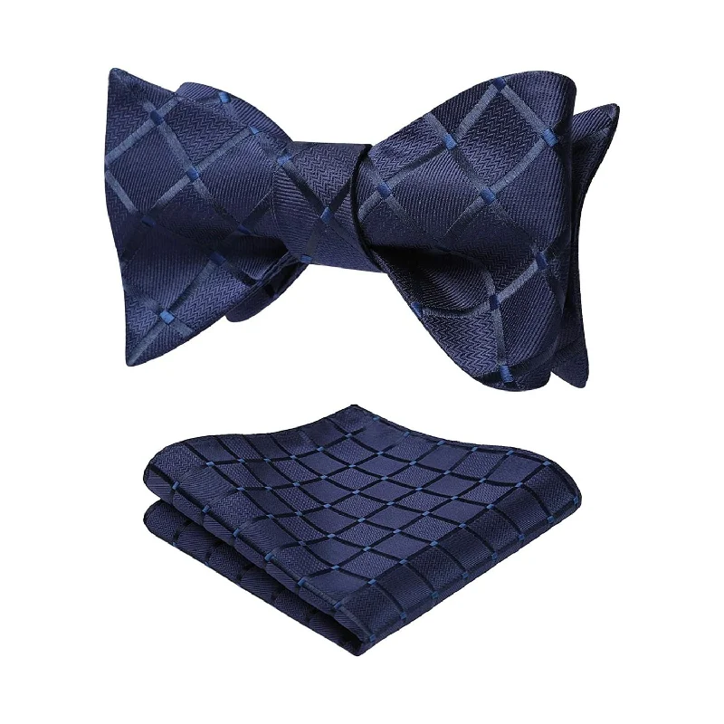 Designer men's necktie for special occasions-Plaid Bow Tie & Pocket Square - 1-NAVY BLUE