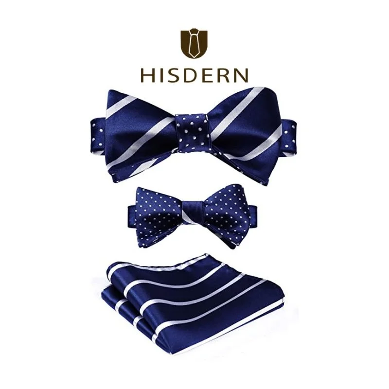 Men's tie for upscale dinner events-Stripe Bow Tie & Pocket Square - A-BLUE