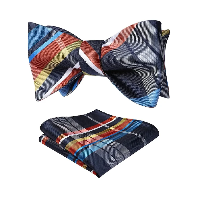 Stylish men's tie with a trendy chevron design-Plaid Bow Tie & Pocket Square - BLUE/ORANGE/GREY