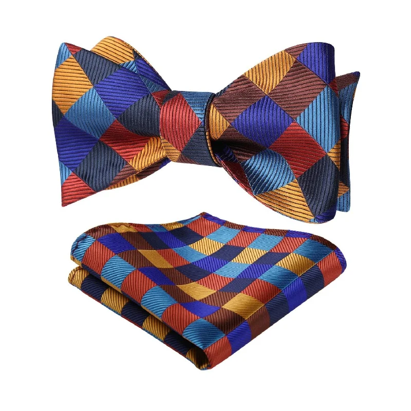 Men's tie for a formal holiday gathering-Plaid Bow Tie & Pocket Square - C-ORANGE/BLUE