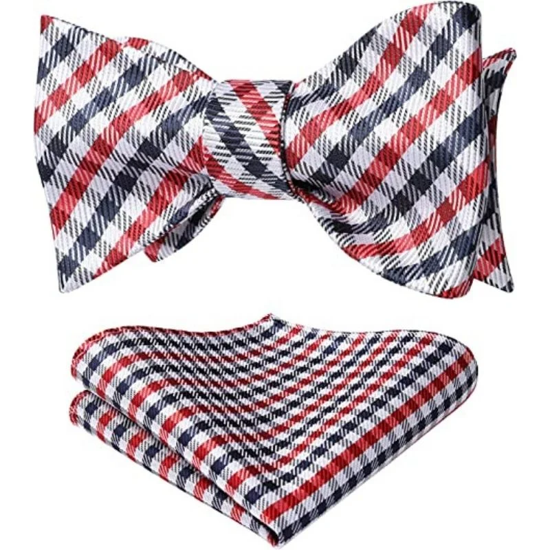 Men's tie for a festive corporate event-Plaid Bow Tie & Pocket Square - D-NAVY BLUE/RED