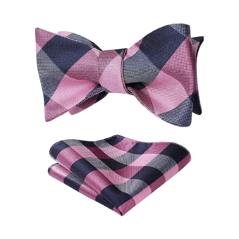 Classic men's tie with solid color palette-Plaid Bow Tie & Pocket Square - E-PINK / NAVY BLUE