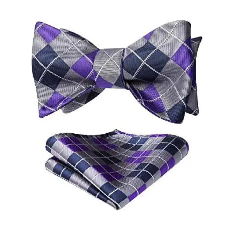 Stylish men's tie for professional look with rich fabric-Plaid Bow Tie & Pocket Square Sets - A-NAVY BLUE/PURPLE