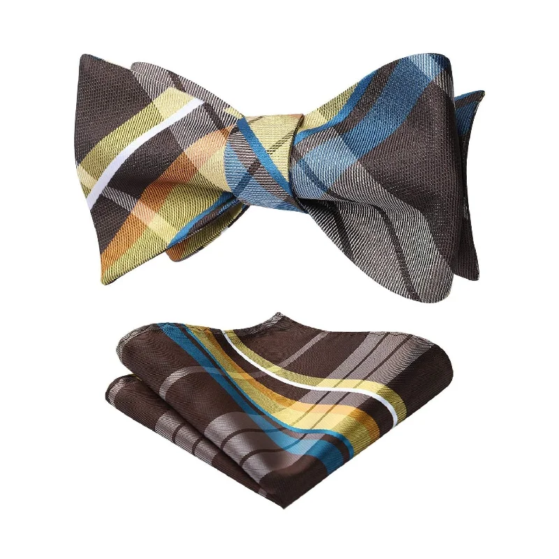 Men's tie with intricate jacquard design for weddings-Plaid Bow Tie & Pocket Square Sets - B-YELLOW/BROWN