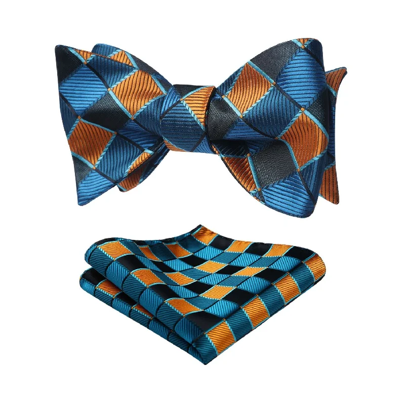 Men's tie with contrasting color blocks-Plaid Bow Tie & Pocket Square Sets - C-AQUA/ORANGE