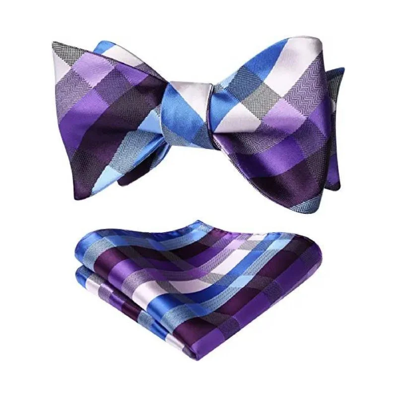 Men's tie with fine detailing for luxury occasions-Plaid Bow Tie & Pocket Square Sets - C-PURPLE/BLUE