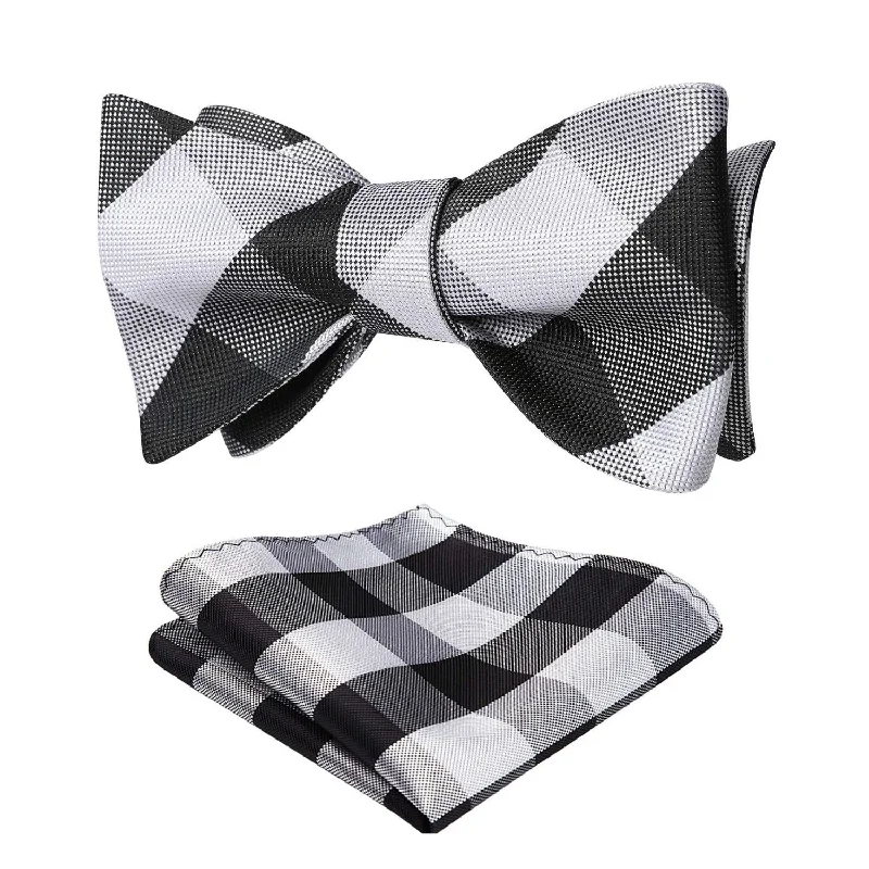 Stylish men's silk tie for evening wear-Plaid Bow Tie & Pocket Square Sets - E-BLACK/WHITE