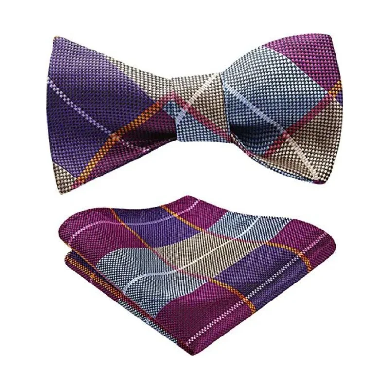 Men's tie for a festive corporate event-Plaid Bow Tie & Pocket Square Sets - F-PURPLE/BLUE/KHAKI