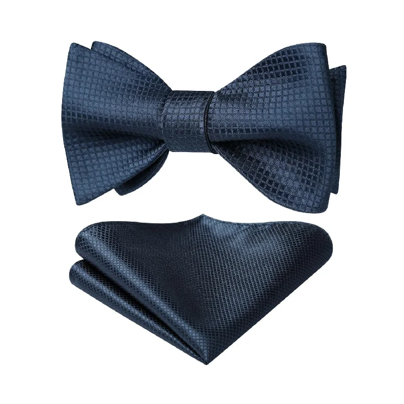 Men's tie with bold accents for weddings-Plaid Bow Tie & Pocket Square Sets - NAVY BLUE