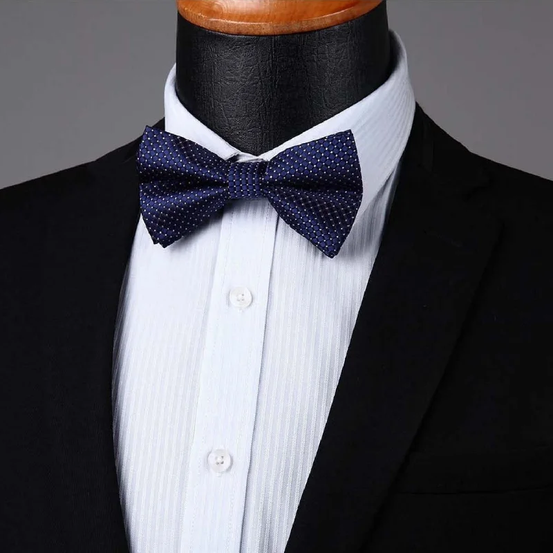 Stylish men's tie with minimalist pattern-Plaid Pre-Tied Bow Tie & Pocket Square - 17-NAVY BLUE