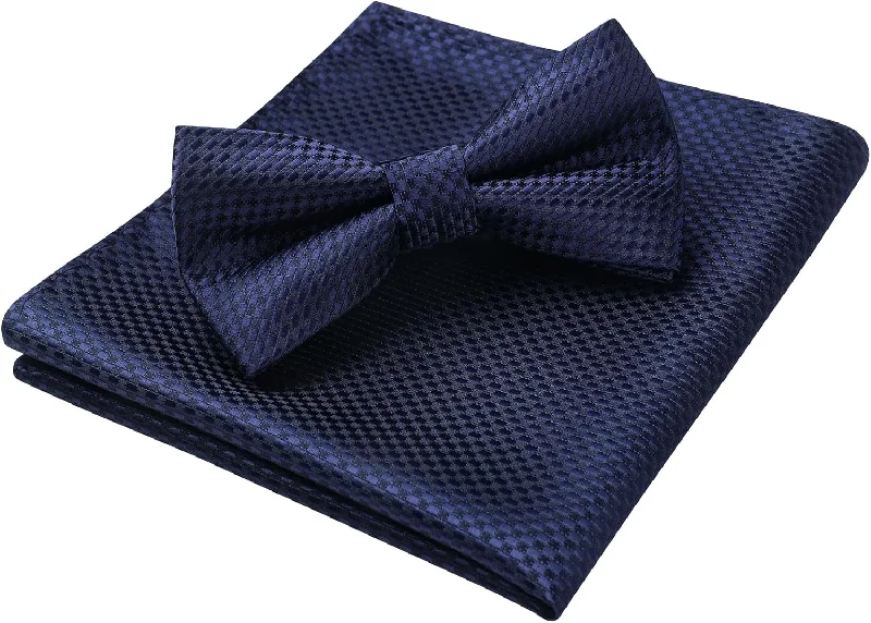 Men's tie for holiday office parties-Plaid Pre-Tied Bow Tie & Pocket Square - NAVY BLUE