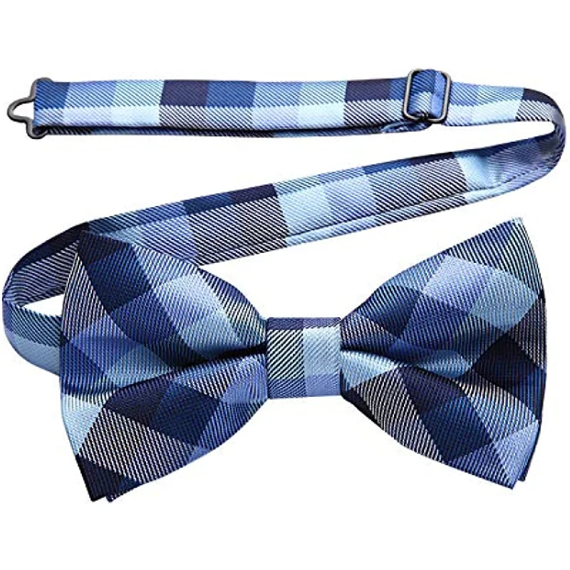 Best men's tie with modern flair for job interviews-Plaid Pre-Tied Bow Tie & Pocket Square Sets - 15-CHECK-NAVY BLUE